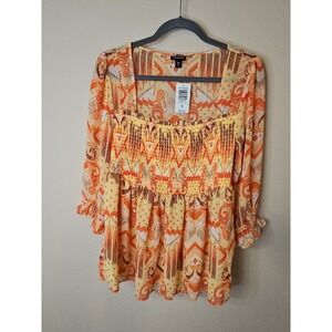 Torrid Top 00 M/L Ikat Babydoll Smocked Boho Ruffle Western Patchwork Earthy